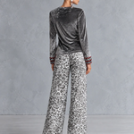 Silver Velvet Top & Leopard Print Wide-Leg Pants Set