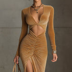 24-Hour-Shipping Camel Velvet Openwork Long Sleeve Bodycon Dress
