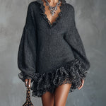 24-Hour-Shipping Gray Knit Mini Dress With Ruffled V-Neckline And Chiffon Hem