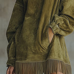 24-Hour-Shipping Olive Faux Suede Turtleneck Dress With Fringe Hem