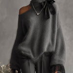 Gray Mohair Knit Sweater With Lace Cuffs
