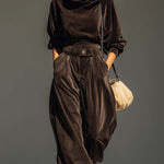 Vintage brown velvet hoodie and loose-fitting trousers set（Includes belt）