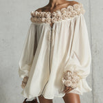 Cream 3D Floral Chiffon Zip Mini Dress