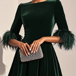 Dark Blue Feather-trimmed Velvet Round Neck Short-sleeved A-line Midi Dress