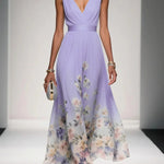 Light Blue Floral Chiffon V Neck Sleeveless A-Line Maxi Dress