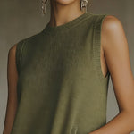 24-Hour-Shipping Olive Green Sleeveless Knit Mini Dress With Fringe Hem