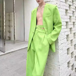 Collarless Casual Tie-up Suit Jacket and Slim-fit Trousers Two-piece Set