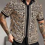 KZZ Men's Casual Short-Sleeve Shirt with Leopard Print Color-Blocking and Spread Collar