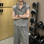 Hooded Shoulder Padded Vest Loose Sports Pants Two-Piece Set