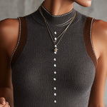 Gray Ribbed Knit Sleeveless Vest With Pearl Button Detailing