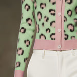 Green Leopard Print Button Up Cardigan With Pink Trim