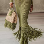 24-Hour-Shipping Olive Green Knit Fringe Hem Bodycon Maxi Dress