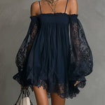 Navy Off-Shoulder Lace Trim Chiffon Mini Dress With Sheer Sleeves