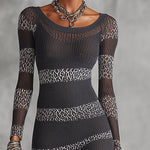 24-Hour-Shipping Gray And White Knit Bodycon Dress With Leopard Stripe Detailing