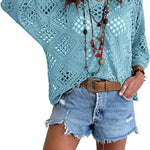 Bohemian V-neck Diamond-patterned Openwork Batwing Sleeve Knit Top