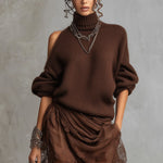 24-Hour-Shipping Chocolate Knit Off Shoulder Tulle Long Sleeve Midi Dress