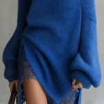 24-Hour-Shipping Blue Off‑Shoulder Mohair Sweater Dress With Lace Hem
