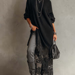 24-Hour-Shipping Black Loose Fit Mohair Knit Midi Dress With Lace Hem