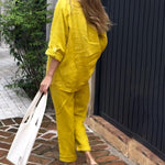 Casual Solid Color V-Neck Shirt & Pants Cotton Linen Two-Piece Set