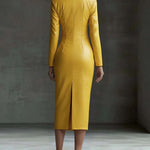 Stylish Yellow Textured Faux Leather Midi Bodycon Dress With Zipper