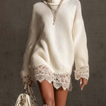 24-Hour-Shipping White Turtleneck Knit Mini Dress With Lace Trim