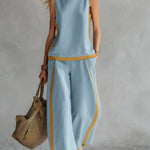 Round Neck Sleeveless Casual Loose Top And High-waisted Wide-leg Pants Set