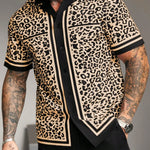 KZZ Men's Casual Short-Sleeve Shirt with Leopard Print Color-Blocking and Spread Collar