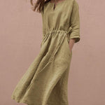 Zeagoo Women's Cotton And Linen V-Neck Lace up Pocket 3/4 Length Sleeve Summer Dresses