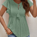 Zeagoo Eyelet Tie-Neck Flutter-Sleeve Top Solid Color Casual Blouse for Women Casual Work Office Loose Fit 2026 | Under $40