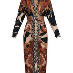 Unique Print Dolman Long Sleeve Ruched Slit Midi Dress