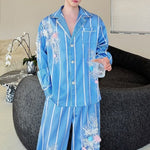 Blue Striped 3D Floral Striped Stage Shirt and Casual Pants Two-piece Set