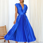 Elegant Satin Pleated V-neck Flowing Midi Dress