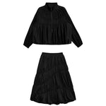 Women's Japanese Deconstructed Ruched Zip Up Top Tiered Maxi Skirt Two-piece Set