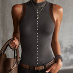 Gray Ribbed Knit Sleeveless Vest With Pearl Button Detailing