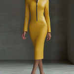 Stylish Yellow Textured Faux Leather Midi Bodycon Dress With Zipper