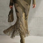 Yohers Olive Camo Knit V-Neck Fringe Hem Bodycon Dress
