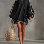 Black Boho Cold Shoulder Lantern Sleeve Linen Mini Dress