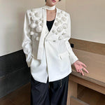 3D Rose V-neck Shoulder Pad Ribbon Jacket