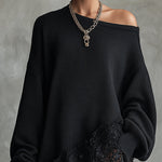 24-Hour-Shipping Black Oversized Mini Dress With Lace Hem