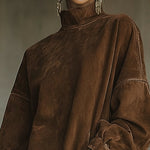 Brown Faux Suede Turtleneck Oversized Dress With Fringe Detail