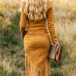 Vintage Western Lapel Zipper Tassel Midi Dress(Without belt)