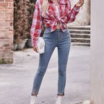 Zeagoo Loose Fit Plaid Shirt Casual Long Sleeve Lapel Collar Button Tunic Tops