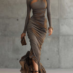 24-Hour-Shipping Brown Leopard Print Pleated Cutout Maxi Dress