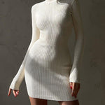 High Collar Mid-length Pitted Knitted Dresses Women's Solid Color Knitted Dress