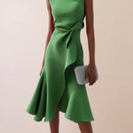 Red Sleeveless Midi Elegant A-line Dress with Waist Twist for Day-to-Night