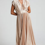 Elegant Satin Pleated V-neck Flowing Midi Dress