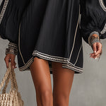 Black Boho Cold Shoulder Lantern Sleeve Linen Mini Dress
