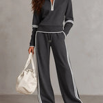 White Half-zip Collar Ribbed Sweatshirt And Color-blocked Wide-leg Pants Suit