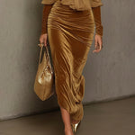 Light Brown Velvet Bodycon Maxi Dress With Chiffon Blouse Set