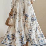 Spring New White Pleated Chiffon V Neck Floral Long Sleeve Balloon Sleeve A-Line Maxi Dress